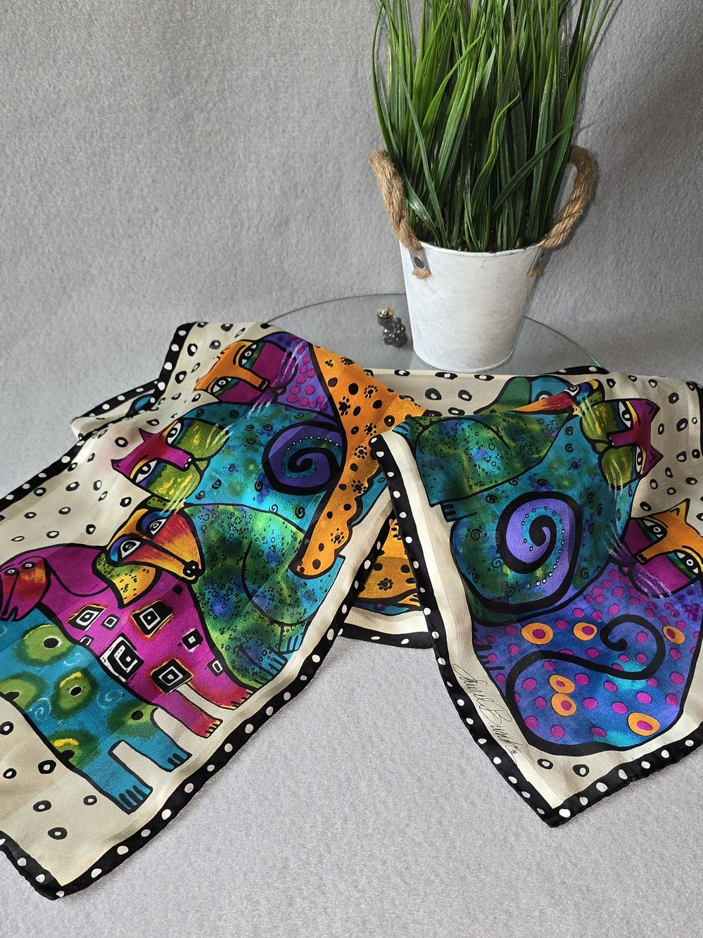 Vtg Laurel Burch Bold Multicolor Cat Dog Silk Scarf with Teal, Purple & Pink